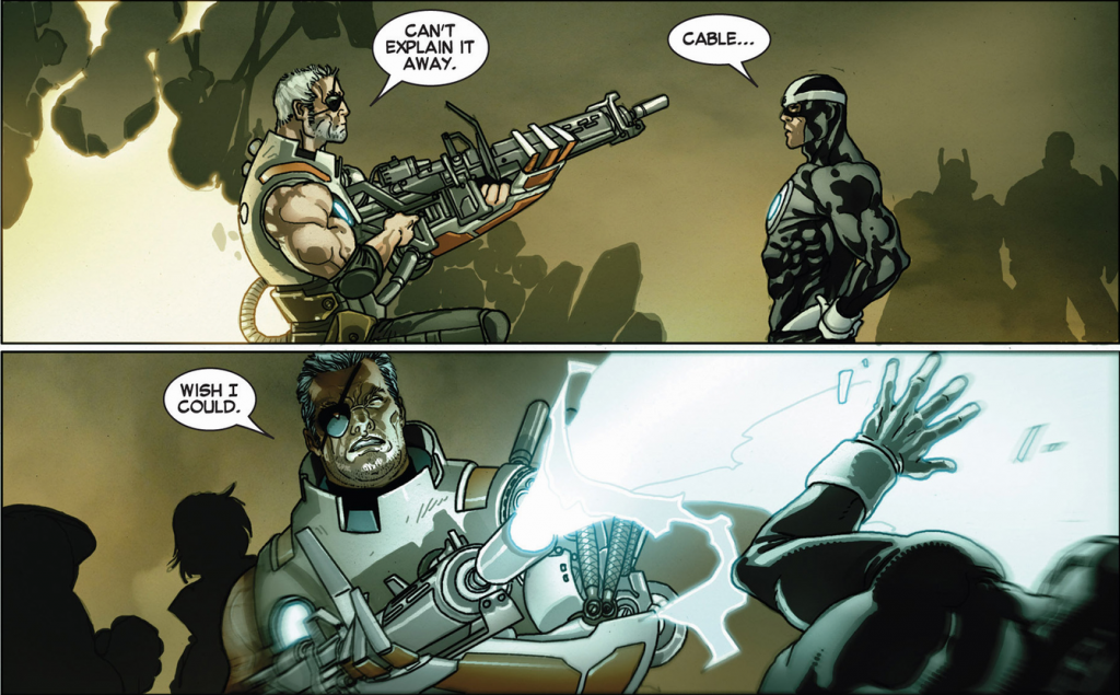 Pictured: Cable blasting his uncle Havok, leader of the Uncanny Avengers, in the face
