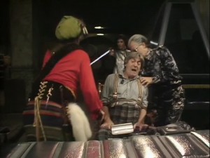 Possibly the most action-packed moment of the Two Doctors, as Chessene (Centre) betrays Shockeye (Left) and Dastari (Right)