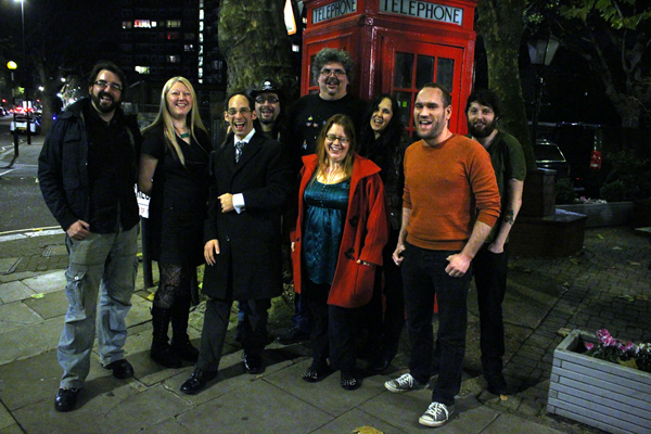 Some of the many contributors. Left to right, Front row: David Church Rodriguez, Tamsyn H. Kennedy, Joe Silber, Kate Harrad, Joff Brown; Back row: James 'Grim' Desborough, Tim Dedopulos, Salome Jones, Chris Bissette 